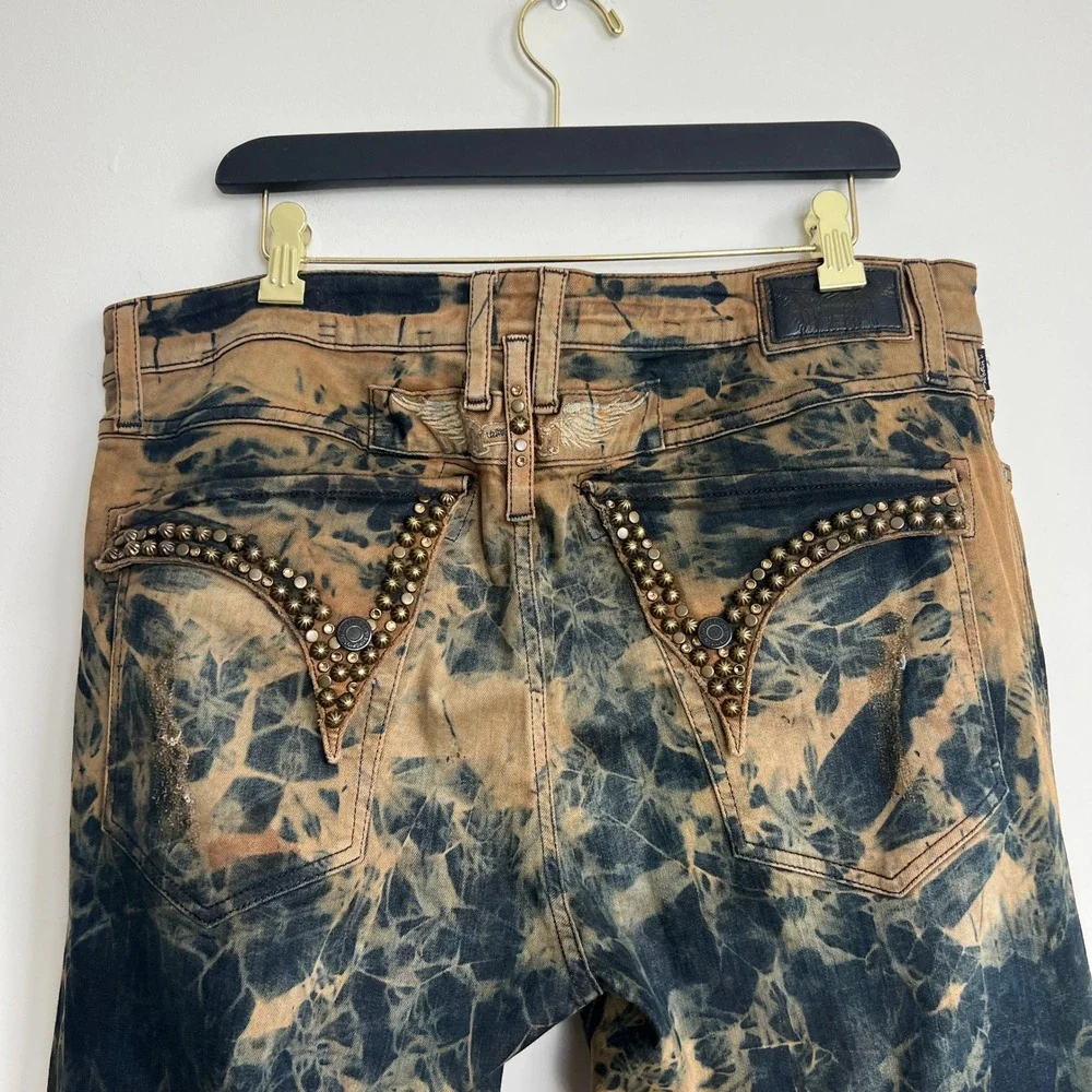 Robin's‎ Jean Black Brown Splatter Acid Wash Long Flap Pocket Studded Moto Jeans